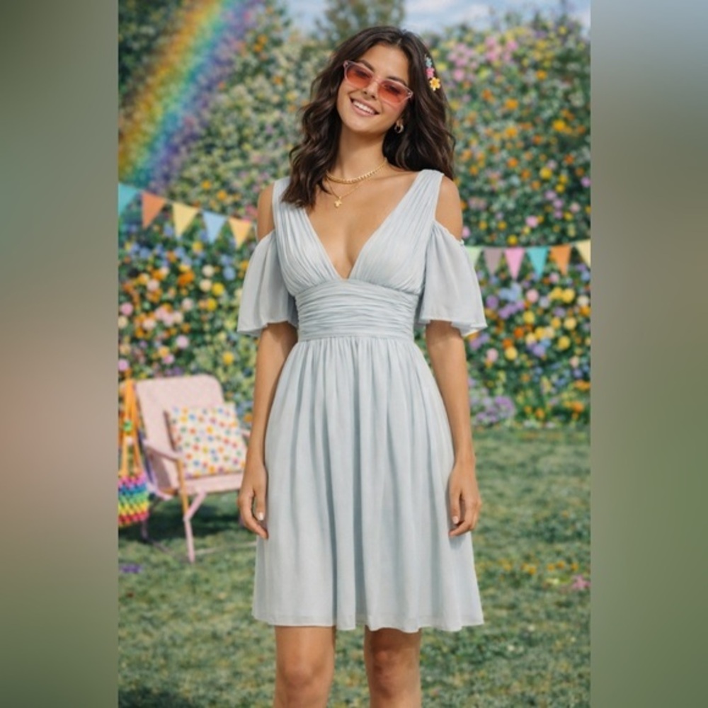 Wedding Guest Flowy Cold Shoulder Dress Blue Gray French Connection 0 NWT